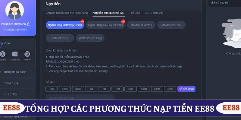 Tổng hợp các phương thức nạp tiền tại EE88 phổ biến 